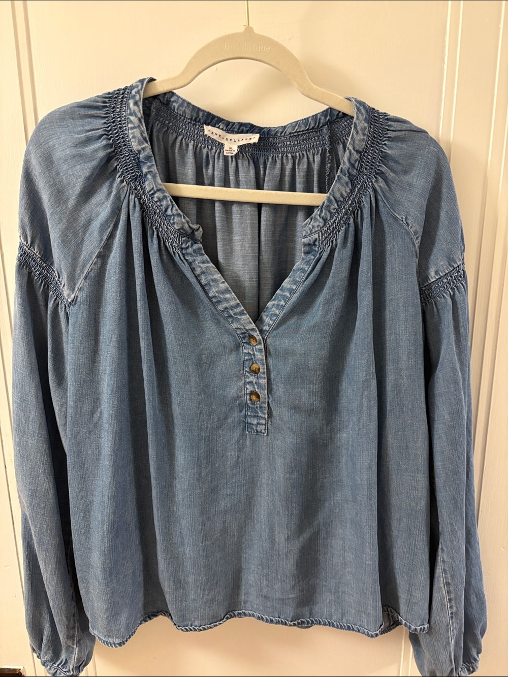 Denim Smocked Neck Peasant Top - Women